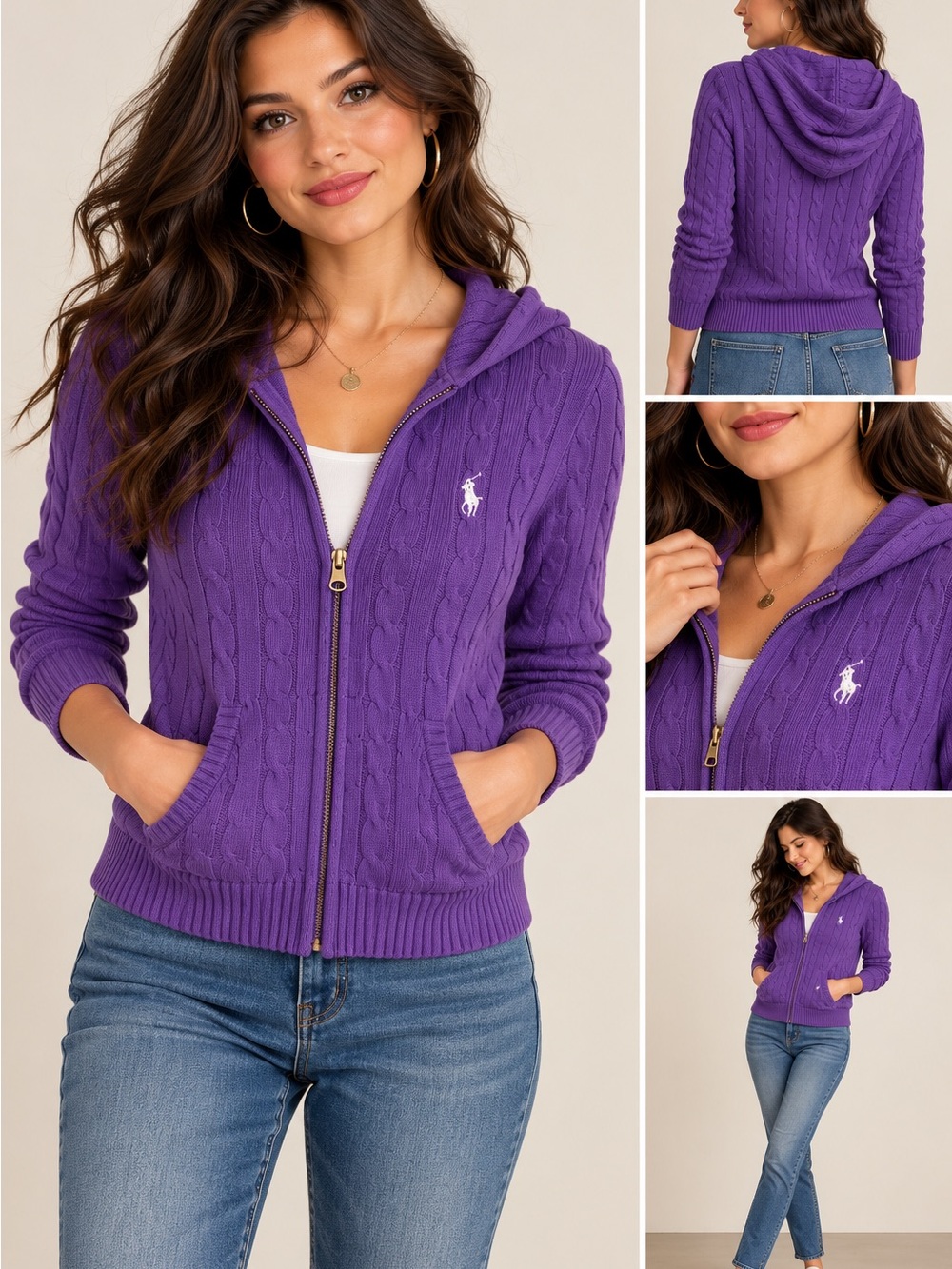 Vintage Ralph Lauren Sport Purple Cable Knit Zip Hoodie Medium Cotton